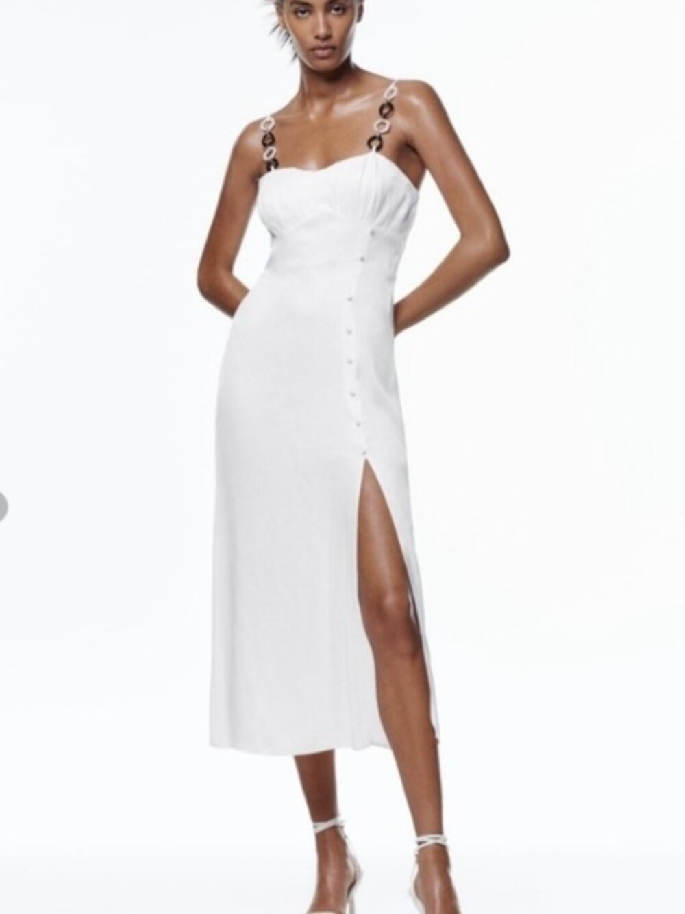NWT Zara White Satin Effect Corset Midi Dress with Chains S